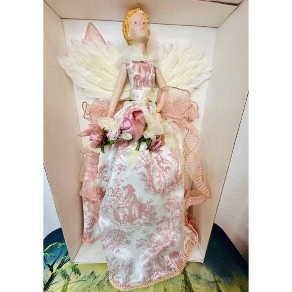 Vintage Pink Angel Tree Topper Porcelain Face And Hands With Feather Wings - Picture 8 of 8